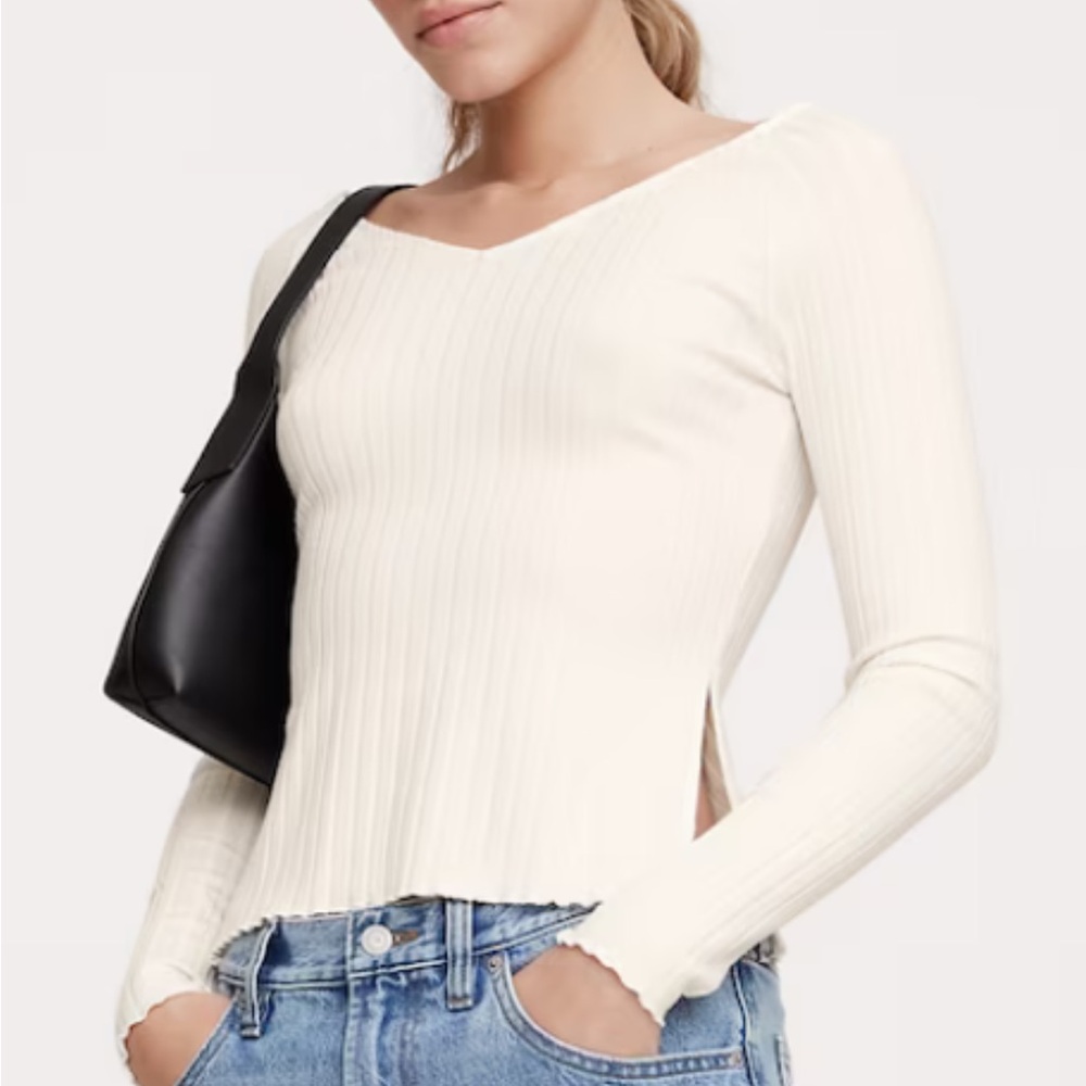 NWT New with Tags Banana Republic White Long Sleeve Wide Ribbed V-Neck Top